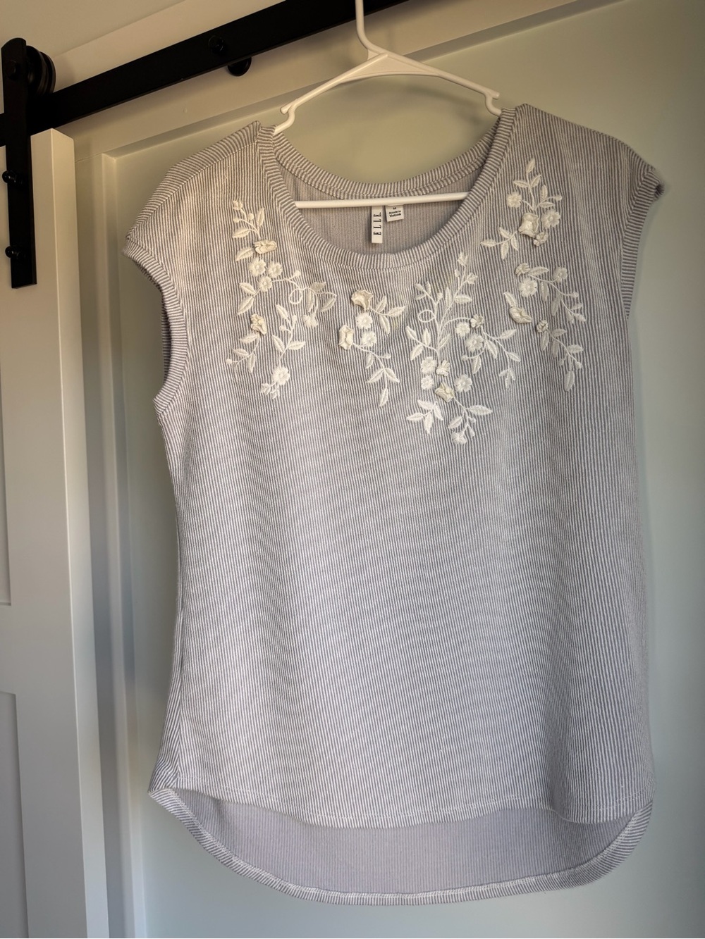 Elle Light Blue Striped Cap-Sleeve Top with White Floral Embroidery